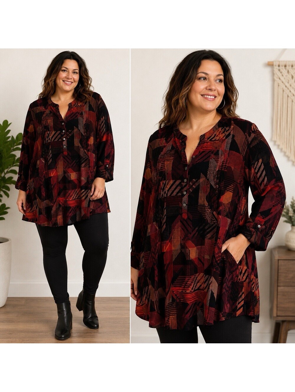Cocomo Women's Tunic Top Blouse Sz XL Red Black Relaxed Fit Button Up 3/4 Sleeve